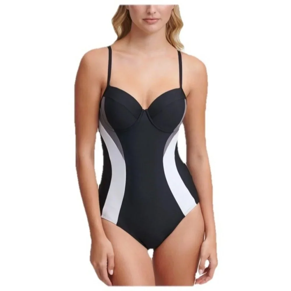 Dkny Black White Colorblock One-Piece Swimsuit - Picture 1 of 8